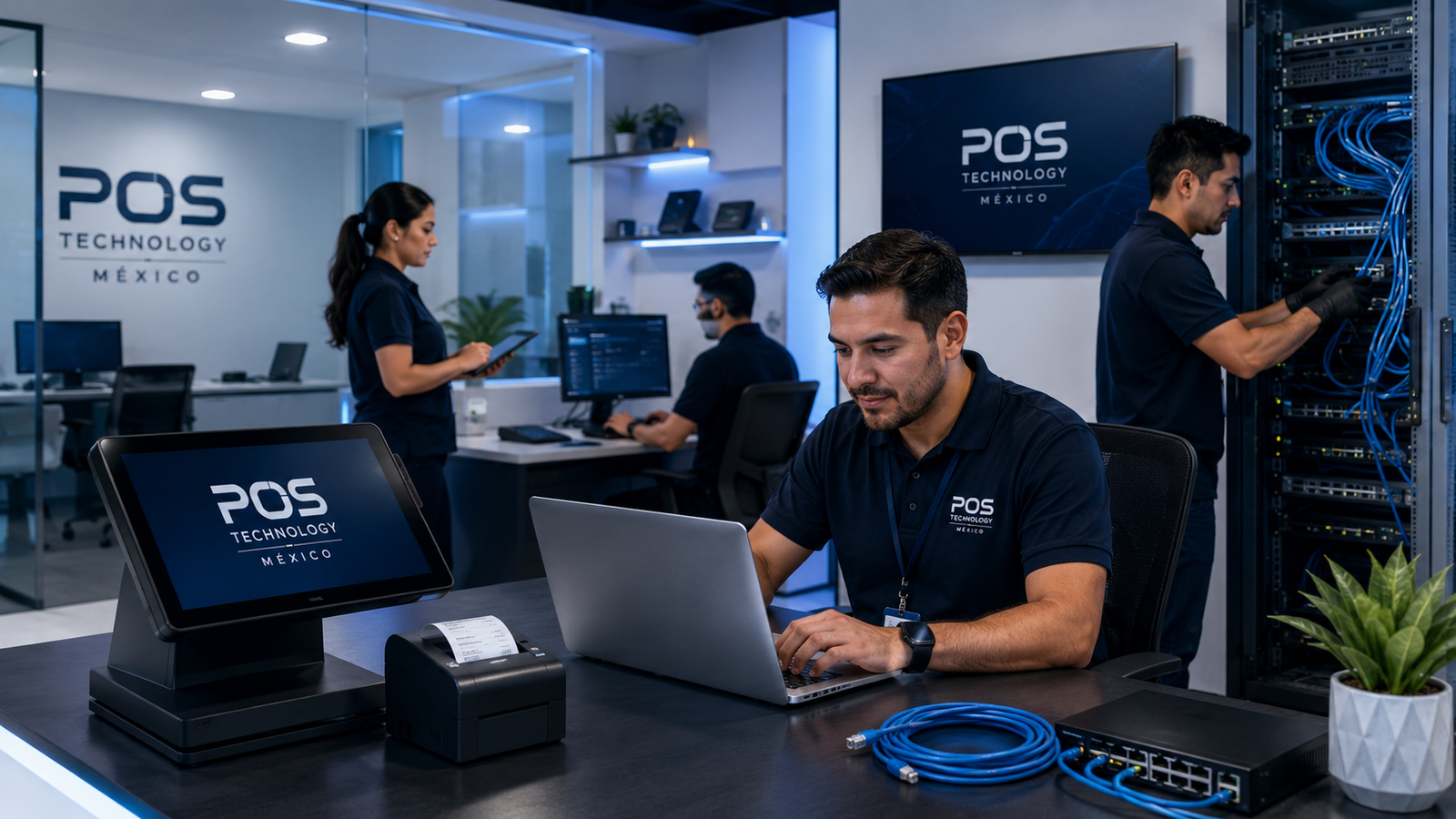 Equipo técnico de POS Technology México trabajando con punto de venta, cómputo y redes